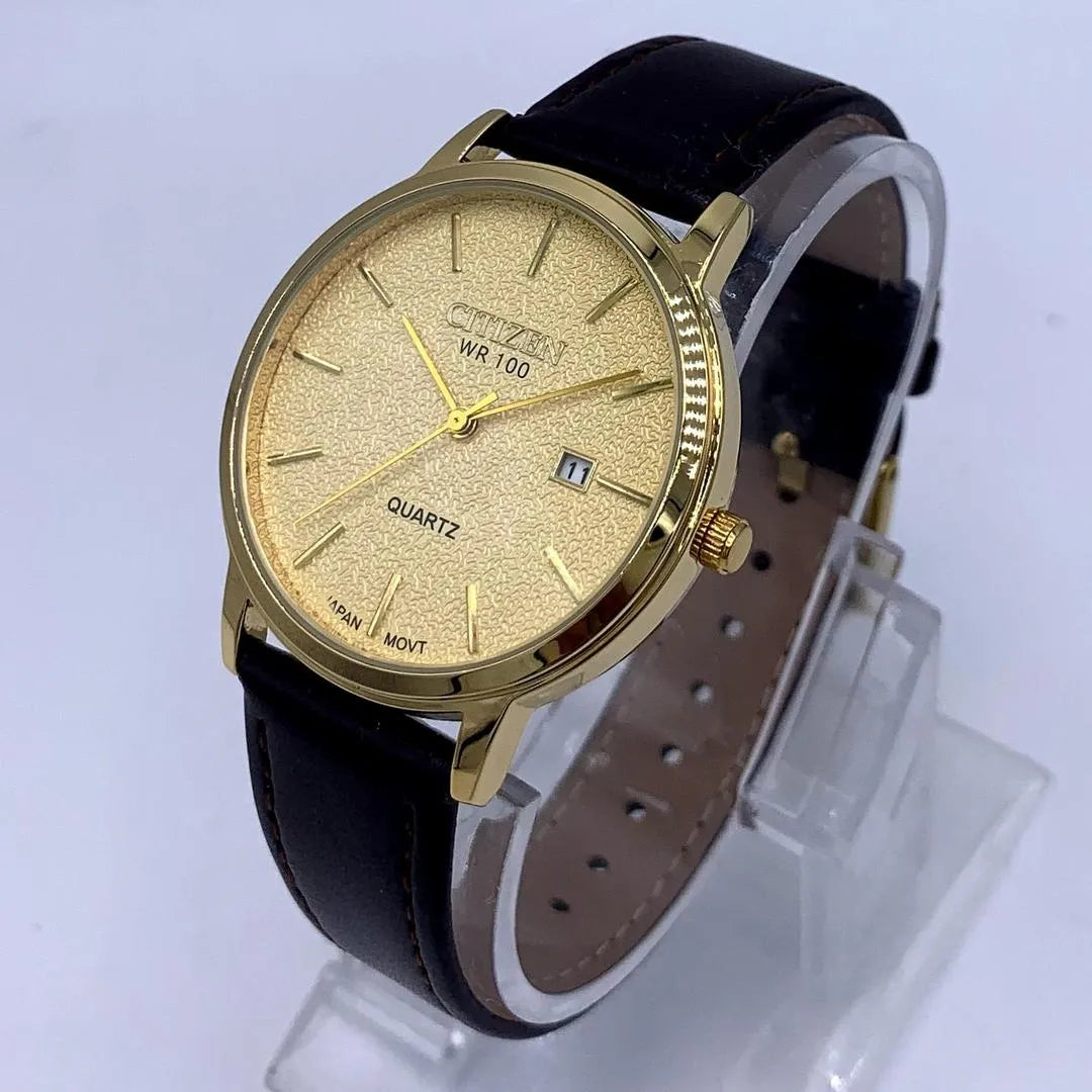 Citizen Quartz Gold Dial Men's Elegant Watch - Black Leather Strap