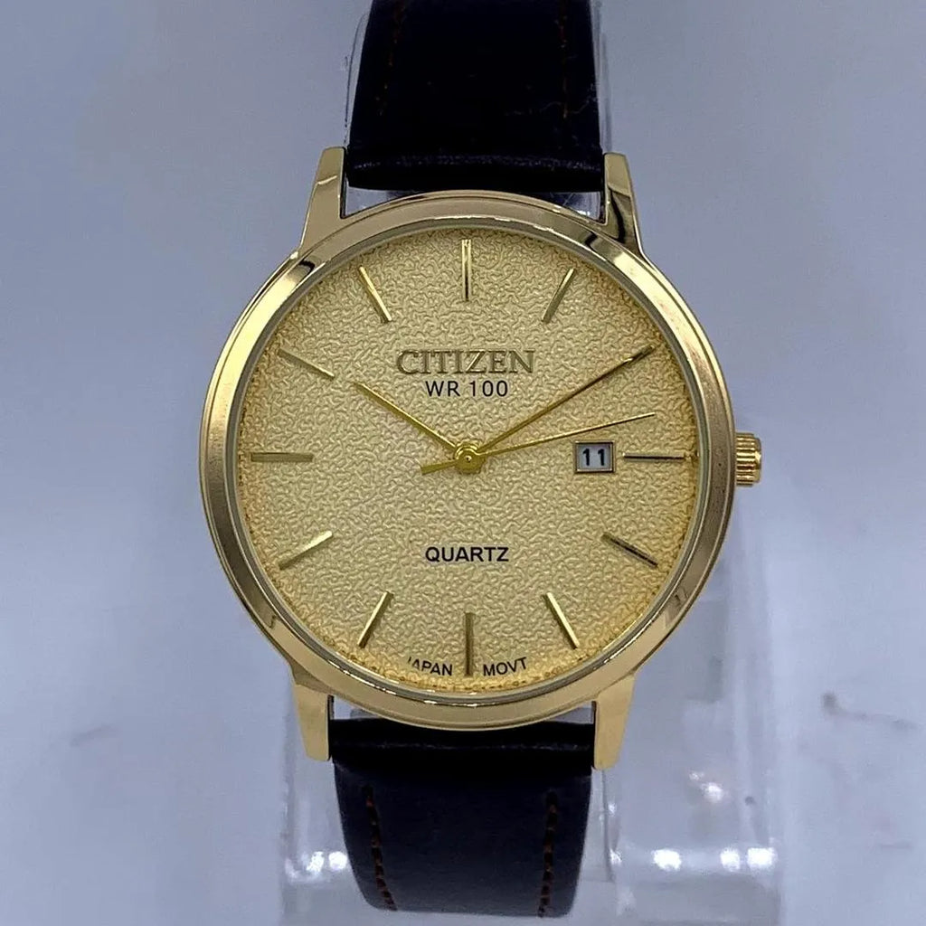 Citizen Quartz Gold Dial Men's Elegant Watch - Black Leather Strap