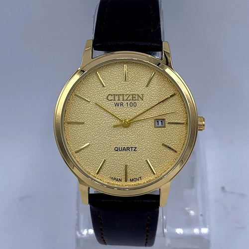Citizen Quartz Gold Dial Men's Elegant Watch - Black Leather Strap