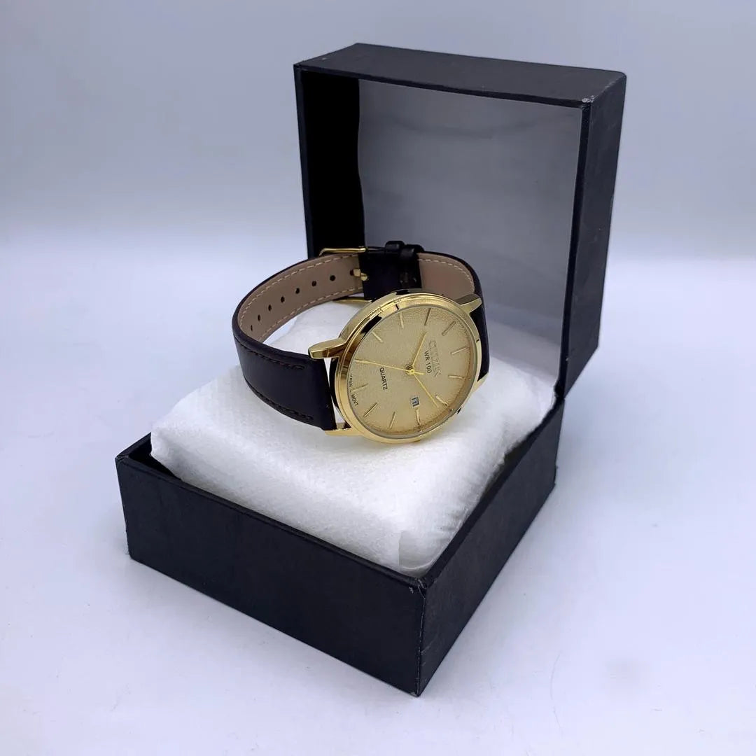 Citizen Quartz Gold Dial Men's Elegant Watch - Black Leather Strap