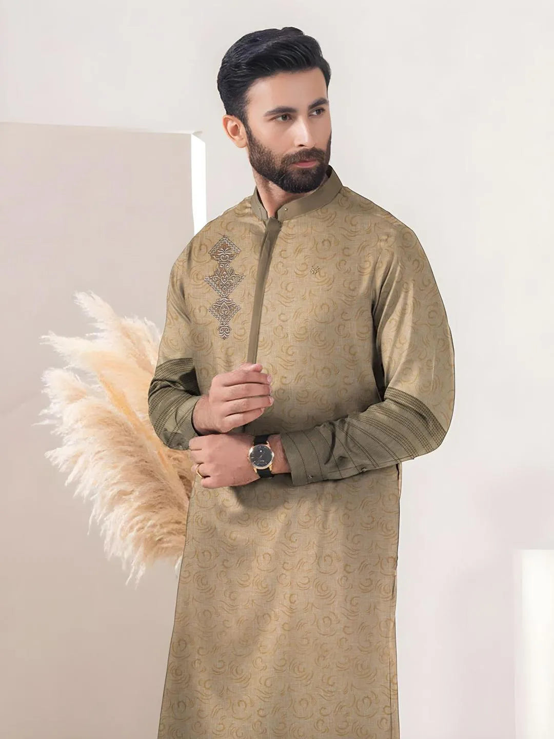 Men's Embroidered Cotton Suit Green Summer  Wear