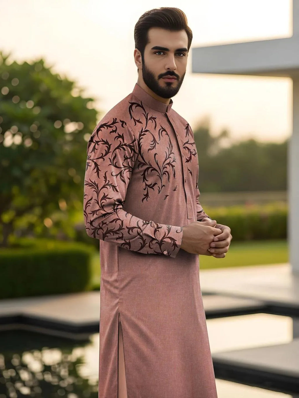 Men's  Embroidered Cotton Suit Summer  Wear