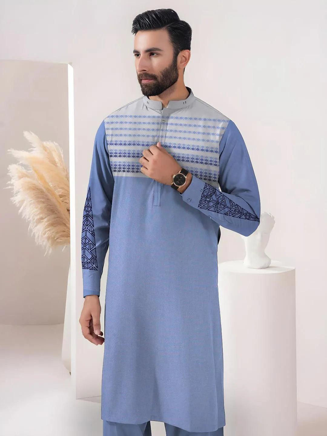 Men's  Embroidered Cotton Suit Summer  Wear
